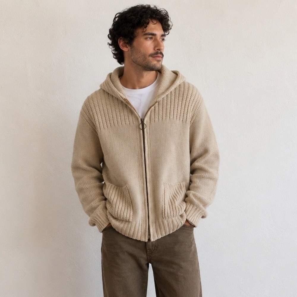 Vintage 70s Lobo by Pendleton Mens Sweater S Cream Zip Hooded Wool Gorpcore
